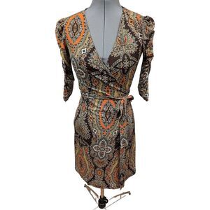 Charles Porter Sz S Paisley True Wrap Dress‎ Jersey Knit Puff Sleeve Career Fem